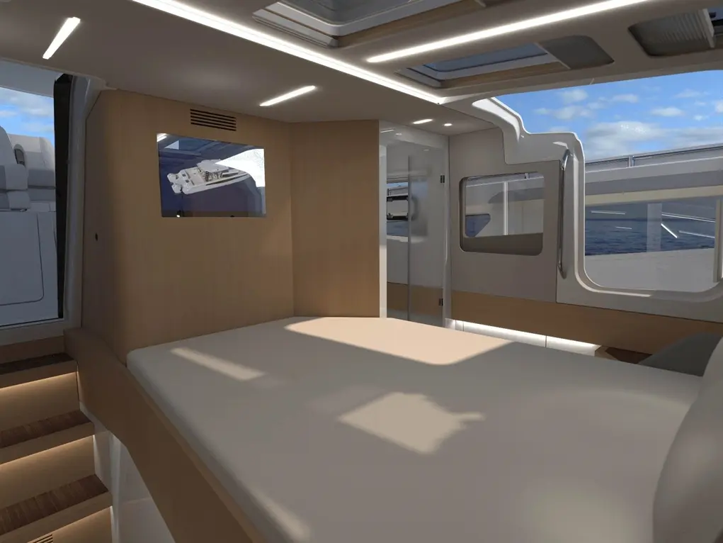 Modern boat interior featuring a soft bed, wooden stairs, and large windows with sea views, plus a mounted screen.